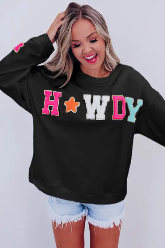 Black glitter howdy patch graphic casual sweatshirt - sweatshirts & hoodies