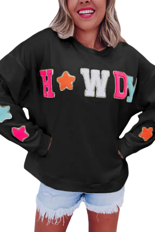 Black glitter howdy patch graphic casual sweatshirt - sweatshirts & hoodies