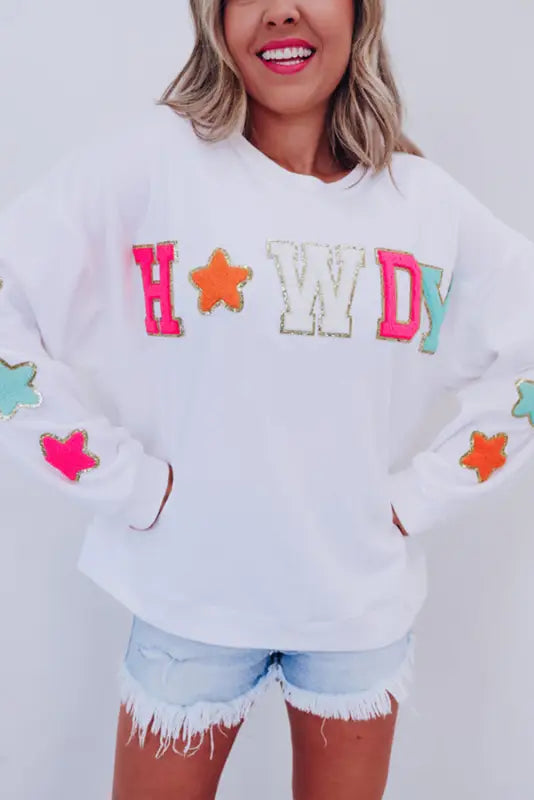 Black glitter howdy patch graphic casual sweatshirt - white / s / 65% polyester + 35% cotton - sweatshirts & hoodies