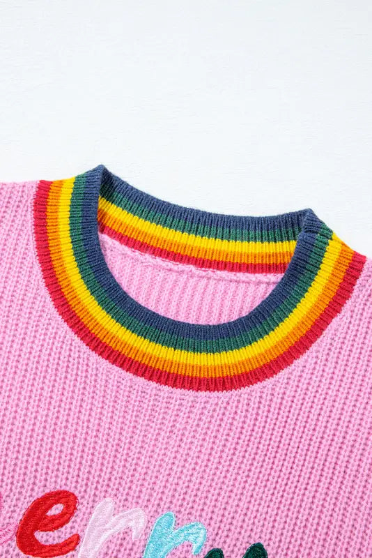 Black glitter merry & bright colorful stripes trim sweater - tops