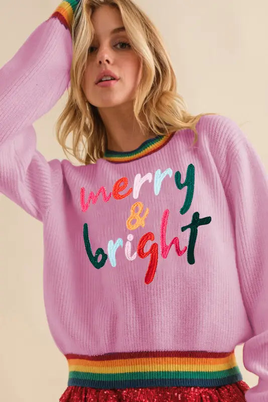 Black glitter merry & bright colorful stripes trim sweater - tops