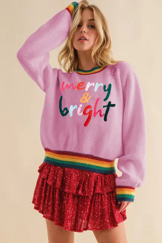 Black glitter merry & bright colorful stripes trim sweater - tops