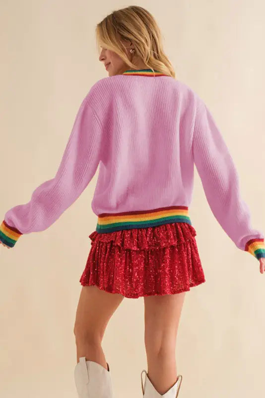 Black glitter merry & bright colorful stripes trim sweater - tops