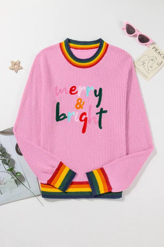 Black glitter merry & bright colorful stripes trim sweater - tops