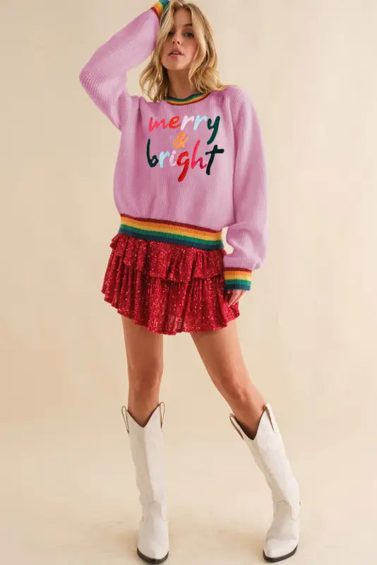 Black glitter merry & bright colorful stripes trim sweater - tops