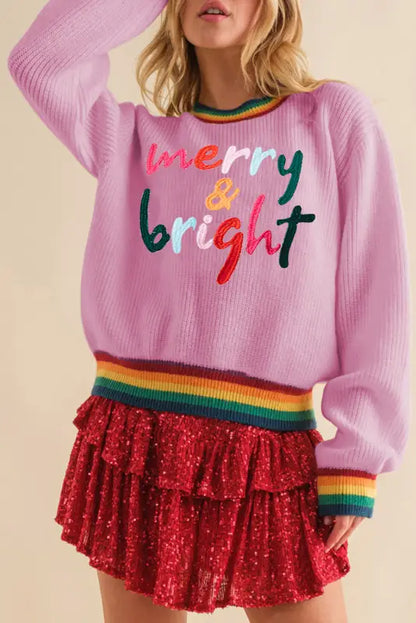 Black glitter merry & bright colorful stripes trim sweater - bonbon / s / 100% acrylic - tops