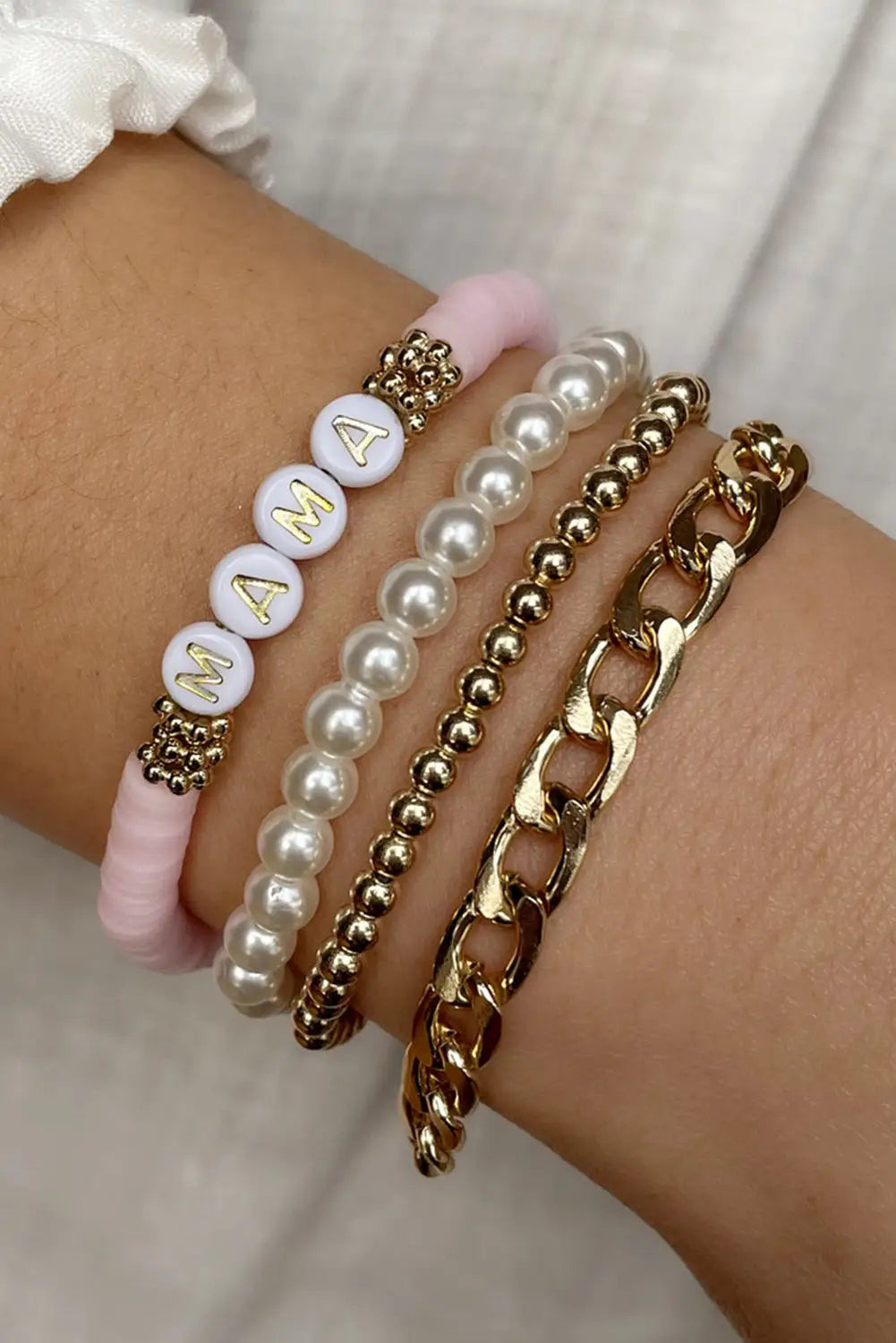 Gold 4pcs mama pearls beaded chain bracelets set - one size
