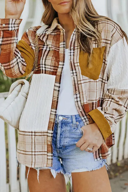 Gold brick plus size plaid patchwork button up shacket - 1x / 100% polyester