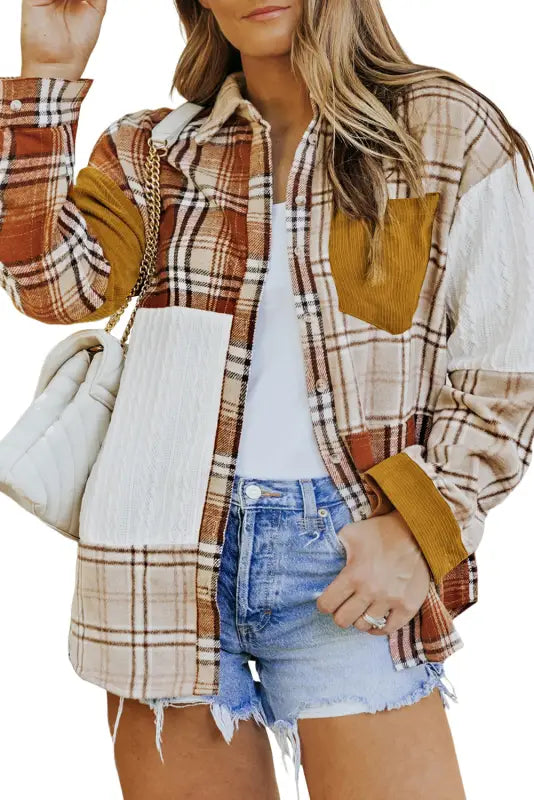 Gold brick plus size plaid patchwork button up shacket