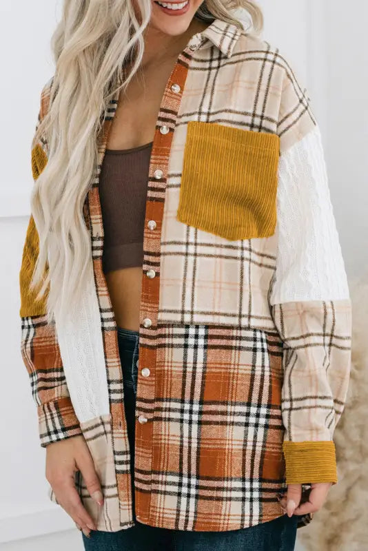 Gold brick plus size plaid patchwork button up shacket