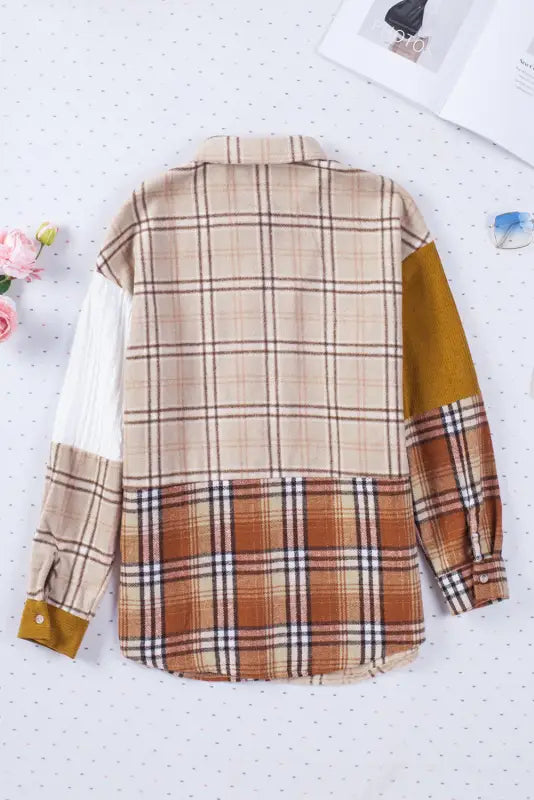 Gold brick plus size plaid patchwork button up shacket