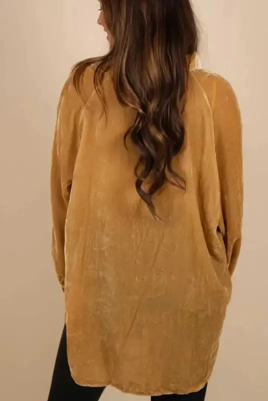 Gold Button-Up Loose-Fit Velvet Shirt - Fashionfitz