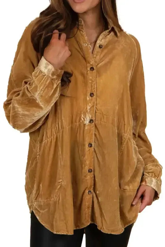Gold Button-Up Loose-Fit Velvet Shirt - Fashionfitz
