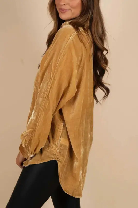 Gold solid color button up loose fit velvet shirt - blouses & shirts