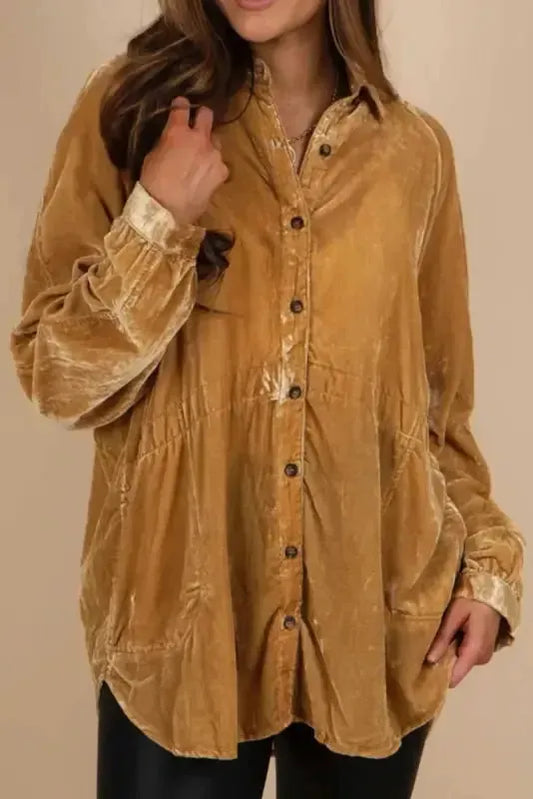 Gold Button-Up Loose-Fit Velvet Shirt - Fashionfitz