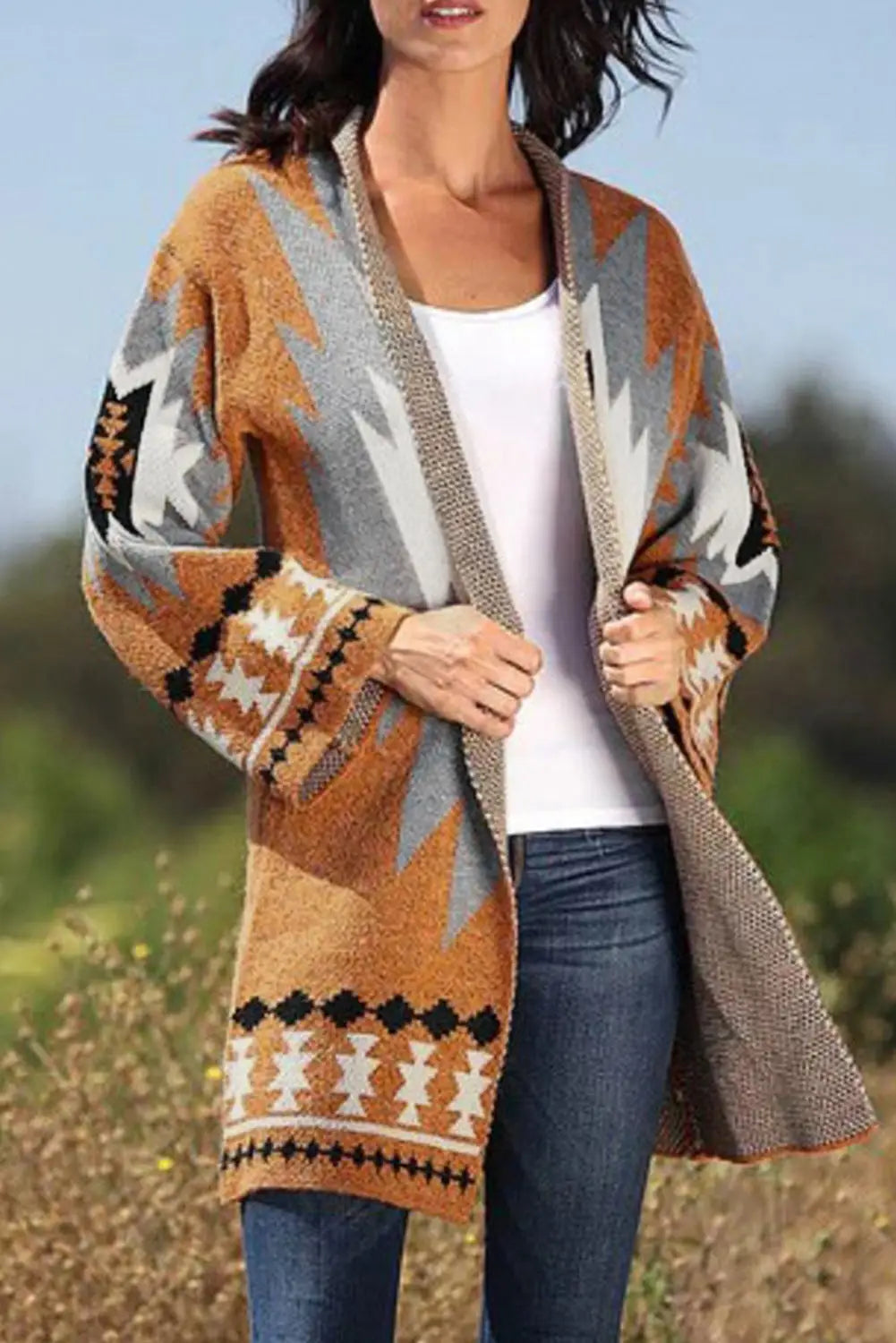 Gold flame aztec graphic open-front cardigan - s / 100% acrylic - sweaters & cardigans
