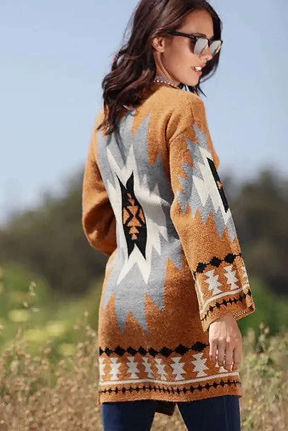 Gold flame aztec graphic open-front cardigan - sweaters & cardigans