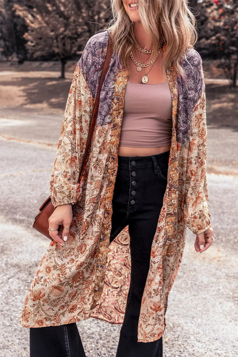 Gold flame bubble sleeve floral print open front top - l polyester kimonos