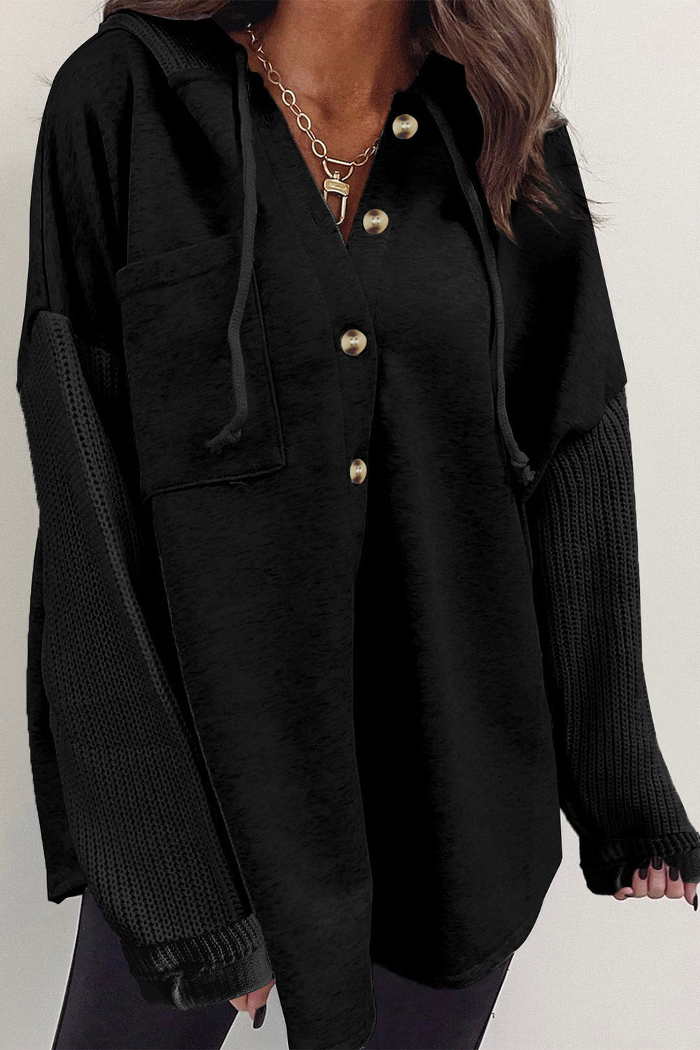 Gold flame button up contrast knitted sleeves hooded jacket - black / 2xl / 80% polyester + 20% cotton - outerwear