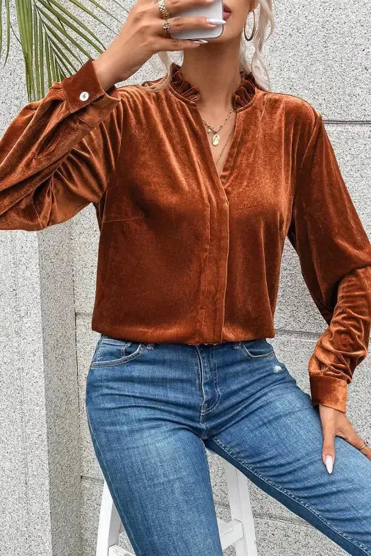 Gold Flame Frilled Collar Velvet Shirt - Fashionfitz