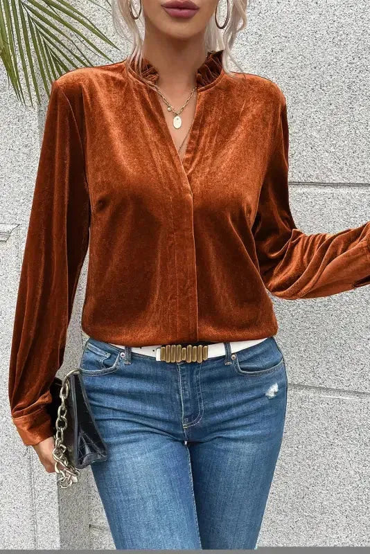 Gold Flame Frilled Collar Velvet Shirt - Fashionfitz