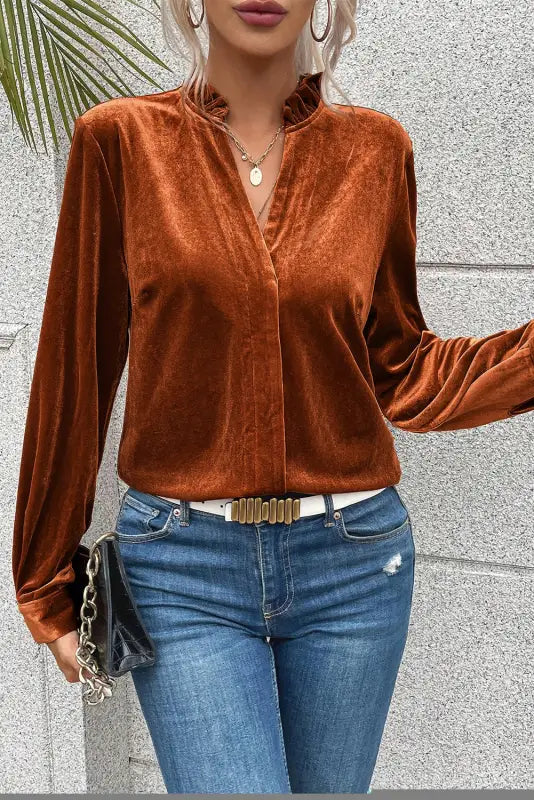 Gold flame frilled collar velvet shirt - blouses & shirts