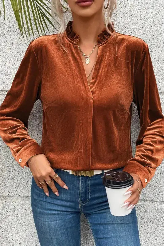 Gold Flame Frilled Collar Velvet Shirt - Fashionfitz