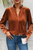 Gold Flame Frilled Collar Velvet Shirt - Fashionfitz