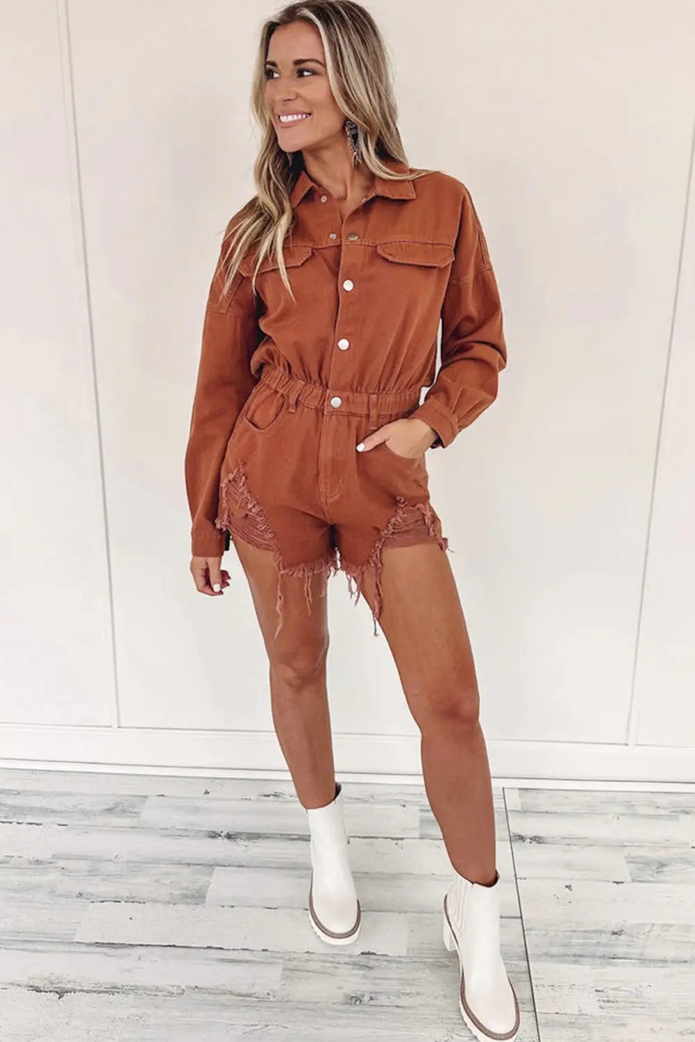 Gold flame long sleeve snap buttons distressed denim romper - jumpsuits & rompers