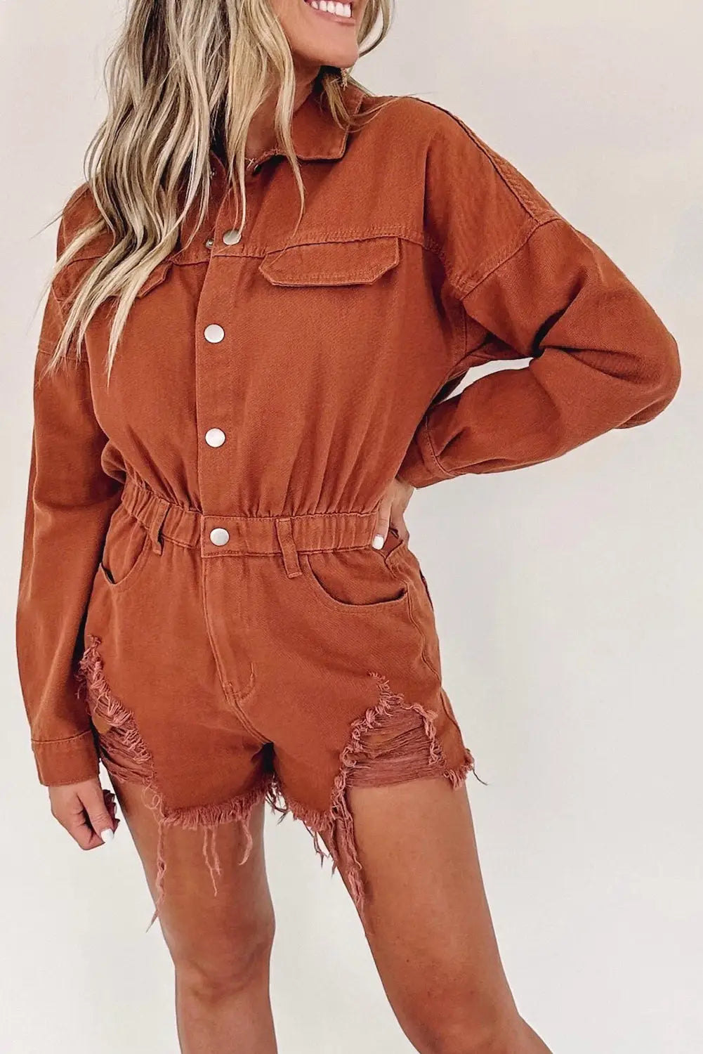 Gold flame long sleeve snap buttons distressed denim romper - jumpsuits & rompers