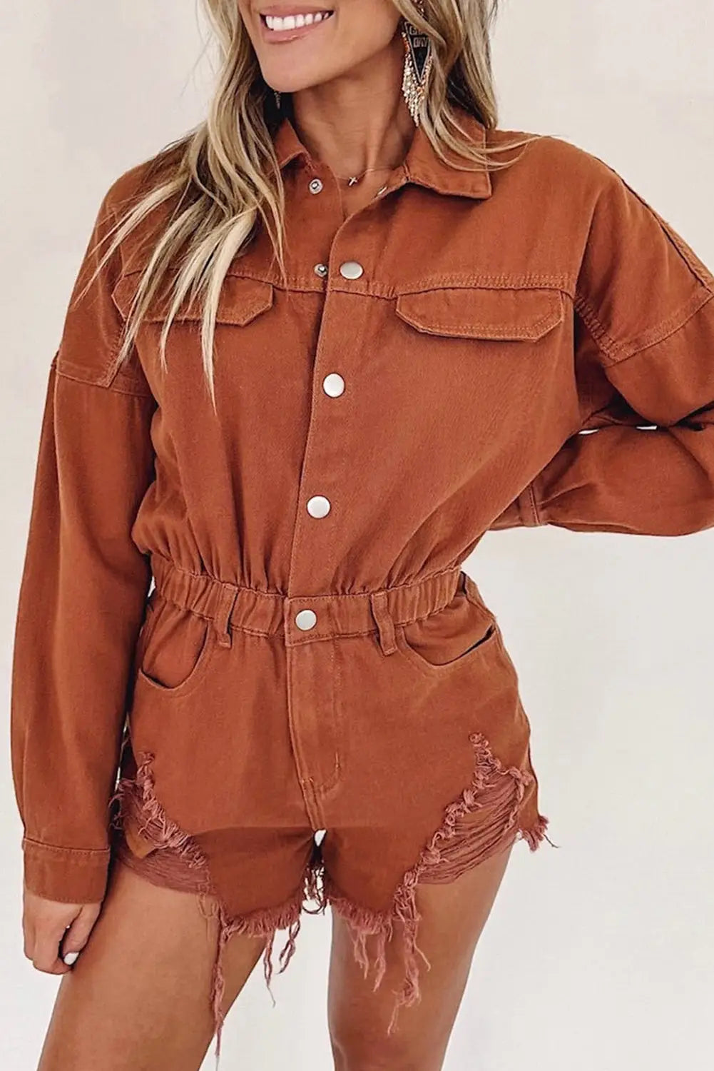 Gold flame long sleeve snap buttons distressed denim romper - l / 100% cotton - jumpsuits & rompers
