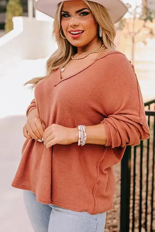 Gold Flame Plus Size Exposed Seam V Neck Long Sleeve Top - Fashionfitz