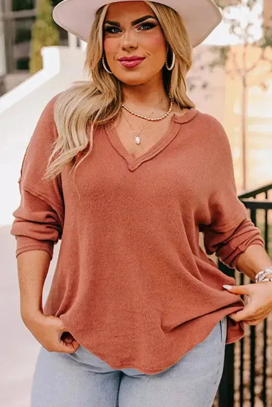 Gold Flame Plus Size Exposed Seam V Neck Long Sleeve Top - Fashionfitz