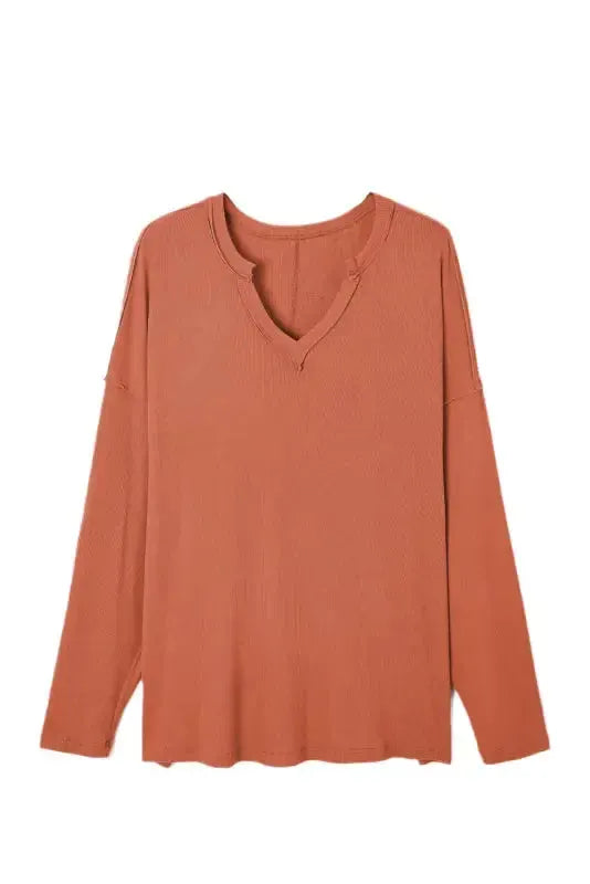 Gold Flame Plus Size Exposed Seam V Neck Long Sleeve Top - Fashionfitz