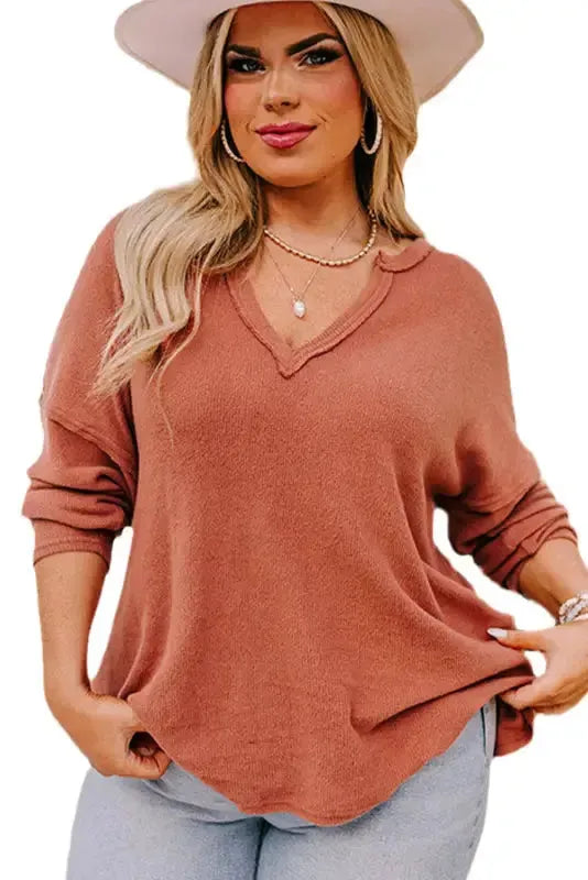 Gold Flame Plus Size Exposed Seam V Neck Long Sleeve Top - Fashionfitz