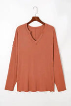Gold Flame Plus Size Exposed Seam V Neck Long Sleeve Top - Fashionfitz
