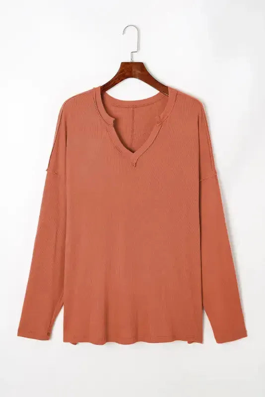 Gold Flame Plus Size Exposed Seam V Neck Long Sleeve Top - Fashionfitz