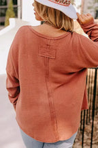 Gold Flame Plus Size Exposed Seam V Neck Long Sleeve Top - Fashionfitz