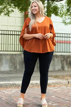 Gold Flame Plus Size Solid Wrapped Ruffled Sleeve V Neck Blouse - Fashionfitz
