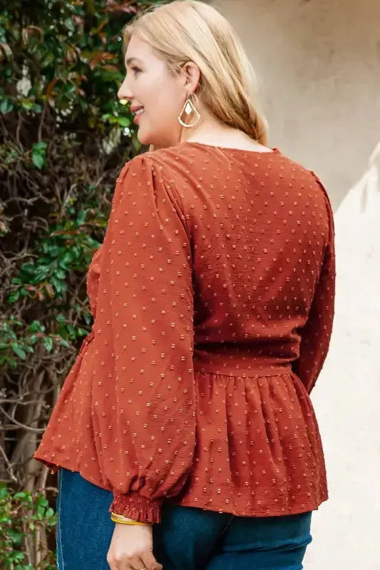 Gold Flame Plus Size Swiss Dot V Neck Wrap Tie Side Blouse - Fashionfitz