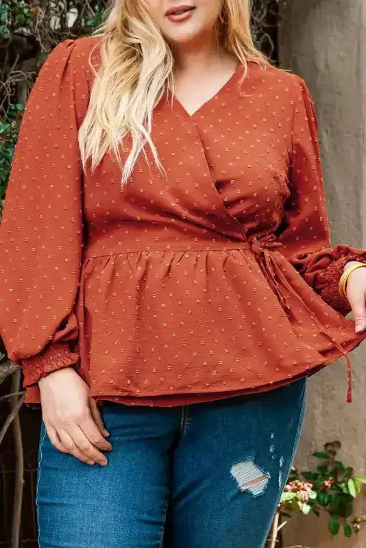 Gold Flame Plus Size Swiss Dot V Neck Wrap Tie Side Blouse - Fashionfitz