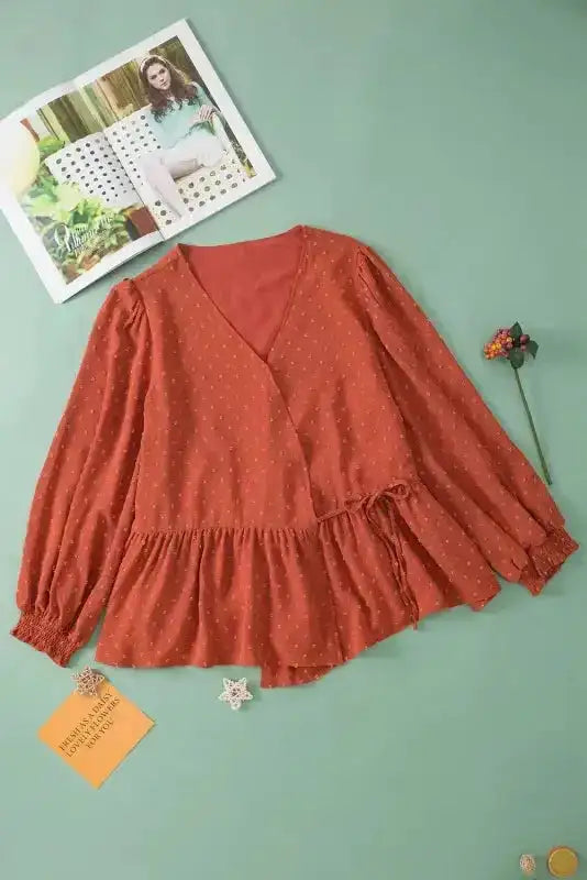 Gold Flame Plus Size Swiss Dot V Neck Wrap Tie Side Blouse - Fashionfitz