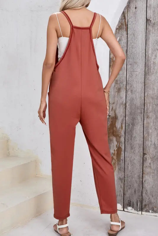 Gold flame side pockets harem pants sleeveless v neck jumpsuit - bottoms