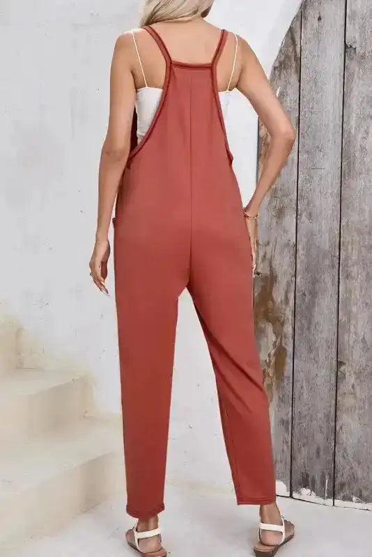 Brown strappy harem jumpsuit back view — Fashionfitz UK