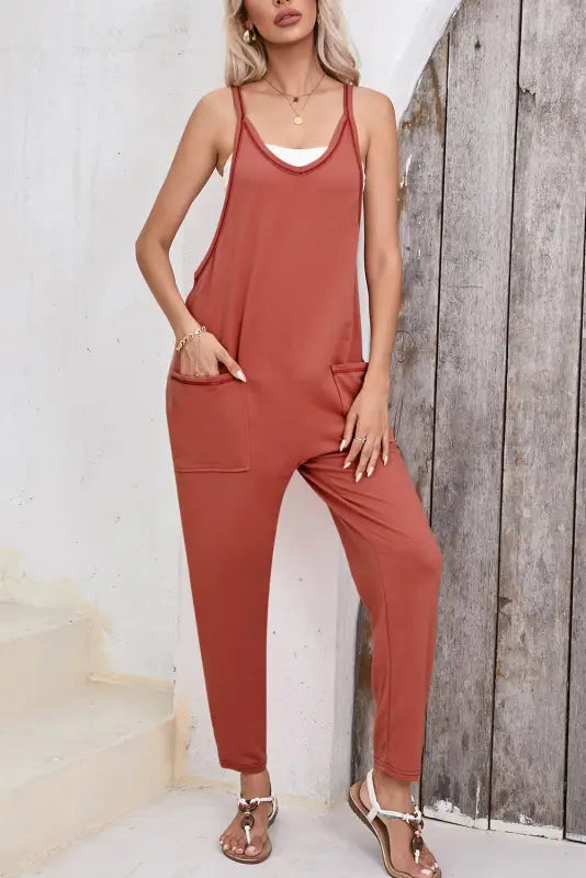 Gold flame side pockets harem pants sleeveless v neck jumpsuit - bottoms