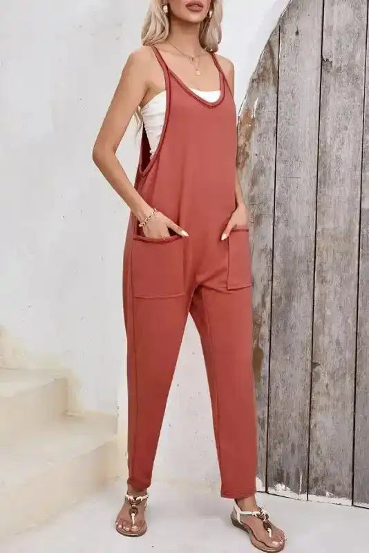 Gold Flame Side Pockets Harem Pants Sleeveless V Neck Jumpsuit - Fashionfitz
