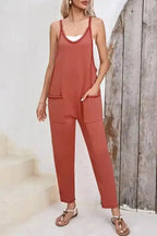 Gold Flame Side Pockets Harem Pants Sleeveless V Neck Jumpsuit - Fashionfitz