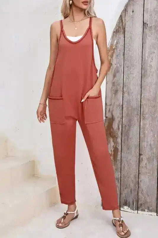 Gold Flame Side Pockets Harem Pants Sleeveless V Neck Jumpsuit - Fashionfitz