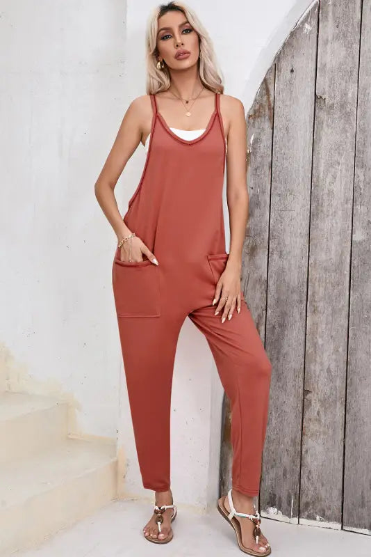 Gold flame side pockets harem pants sleeveless v neck jumpsuit - bottoms