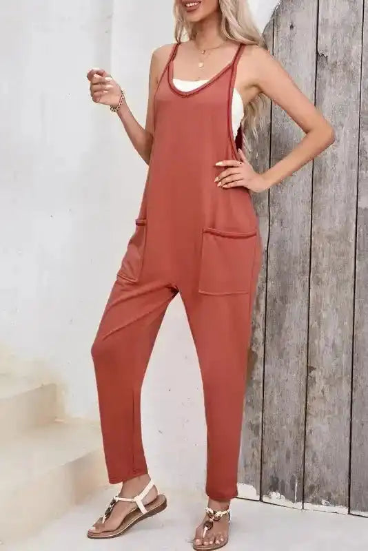Gold Flame Side Pockets Harem Pants Sleeveless V Neck Jumpsuit - Fashionfitz